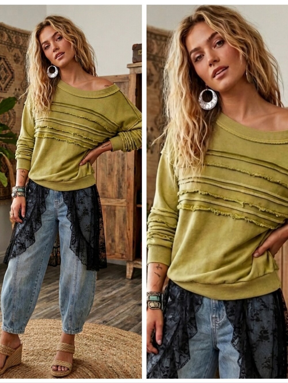 Olive Green Distressed Ruffle Sweatshirt
